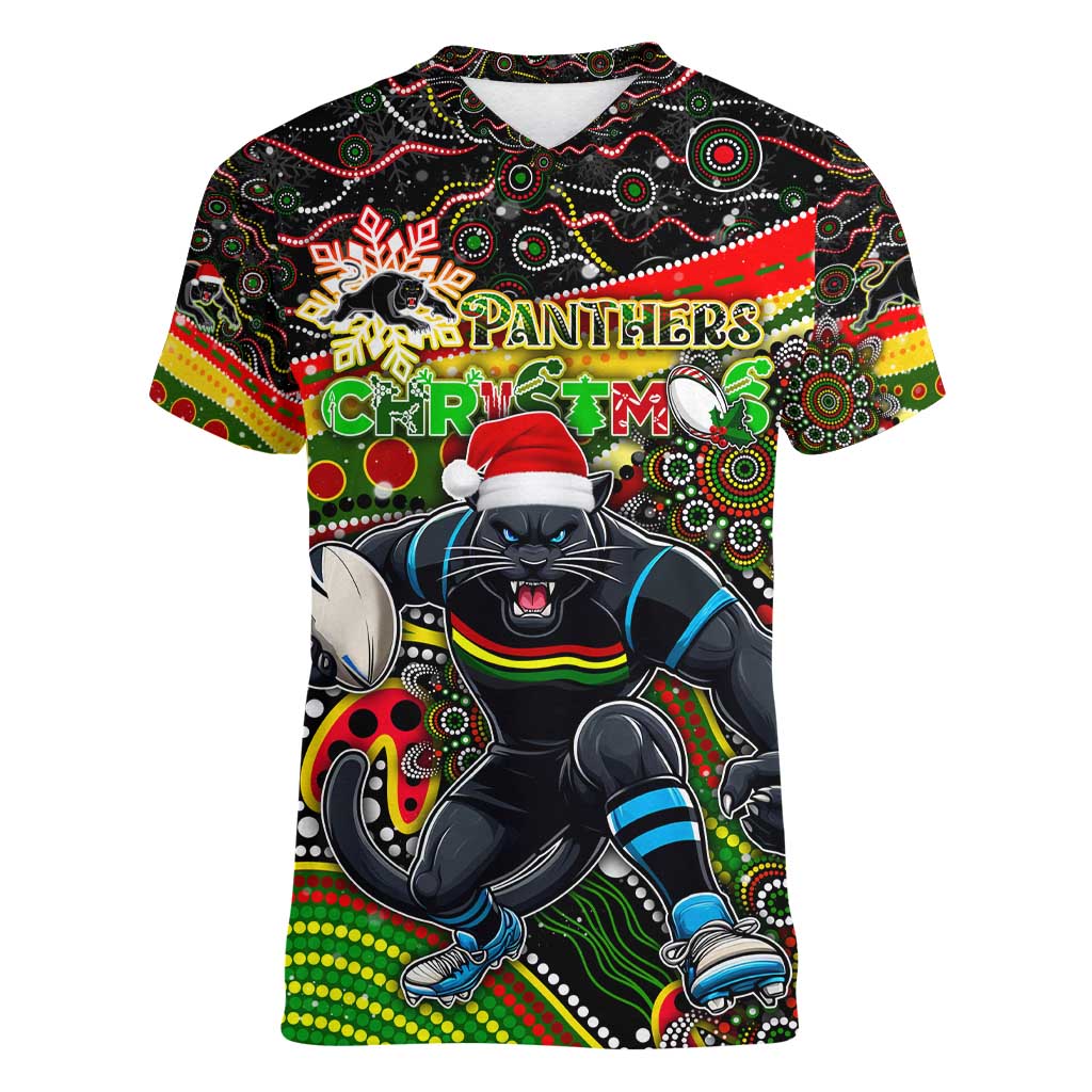 Merry Christmas Penrith Panthers Women V-Neck T-Shirt Aboriginal Santa Rugby Mascot - The Riff