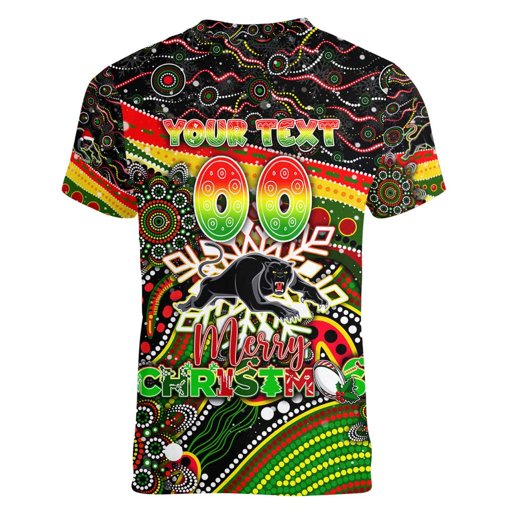 Merry Christmas Penrith Panthers Women V-Neck T-Shirt Aboriginal Santa Rugby Mascot - The Riff
