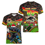 Merry Christmas Penrith Panthers Women V-Neck T-Shirt Aboriginal Santa Rugby Mascot - The Riff