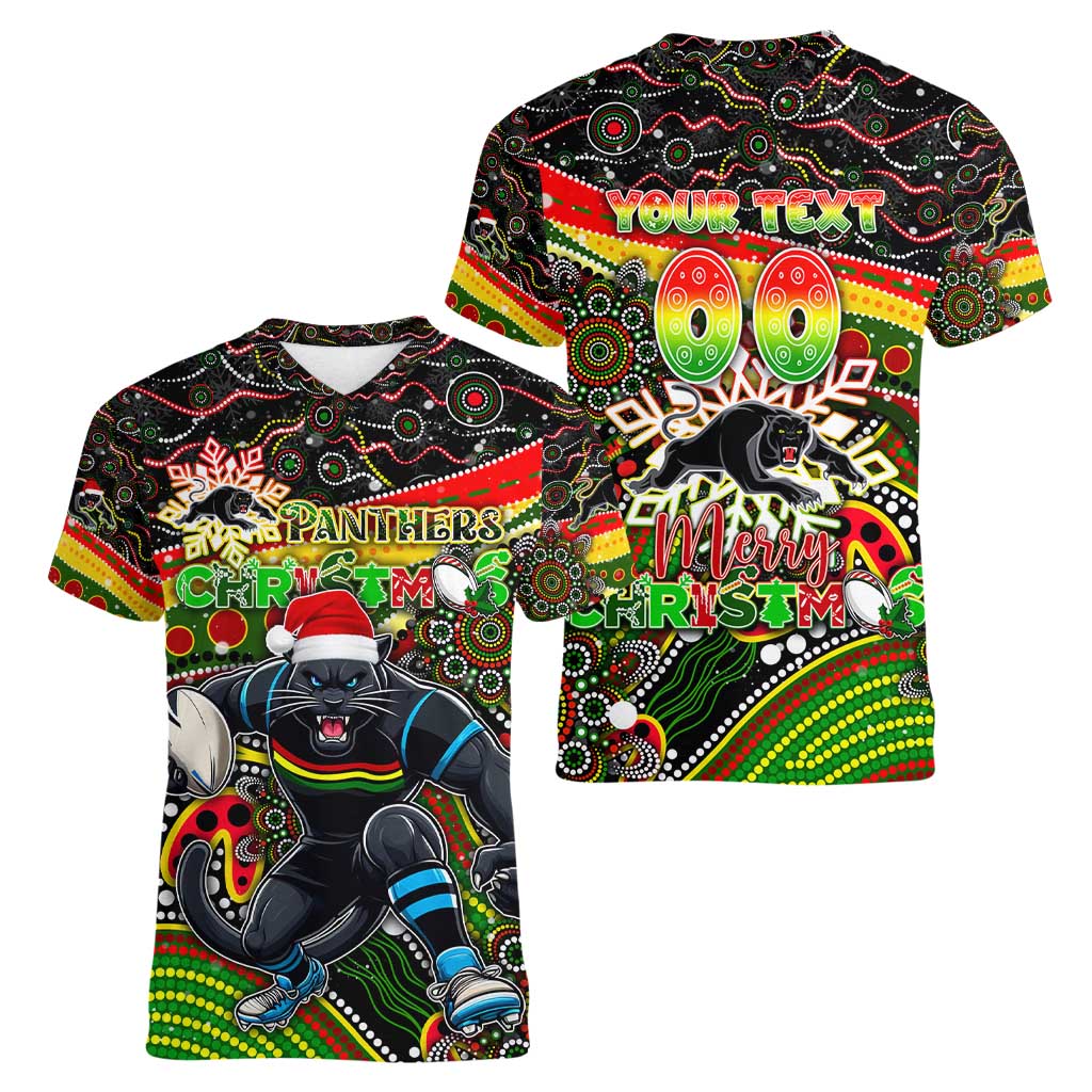 Merry Christmas Penrith Panthers Women V-Neck T-Shirt Aboriginal Santa Rugby Mascot - The Riff