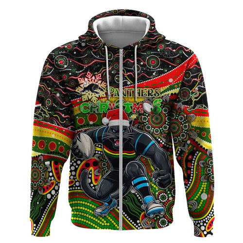 Merry Christmas Penrith Panthers Zip Hoodie Aboriginal Santa Rugby Mascot - The Riff