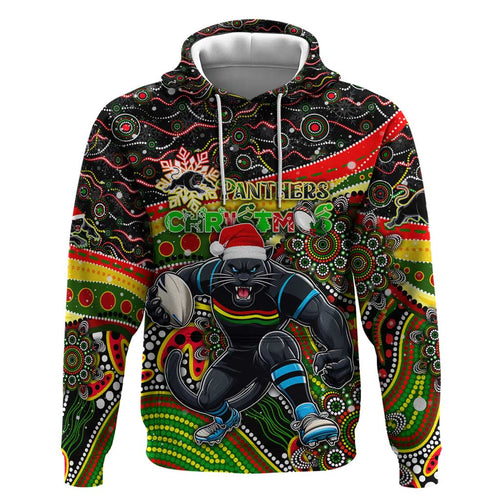 Merry Christmas Penrith Panthers Zip Hoodie Aboriginal Santa Rugby Mascot - The Riff