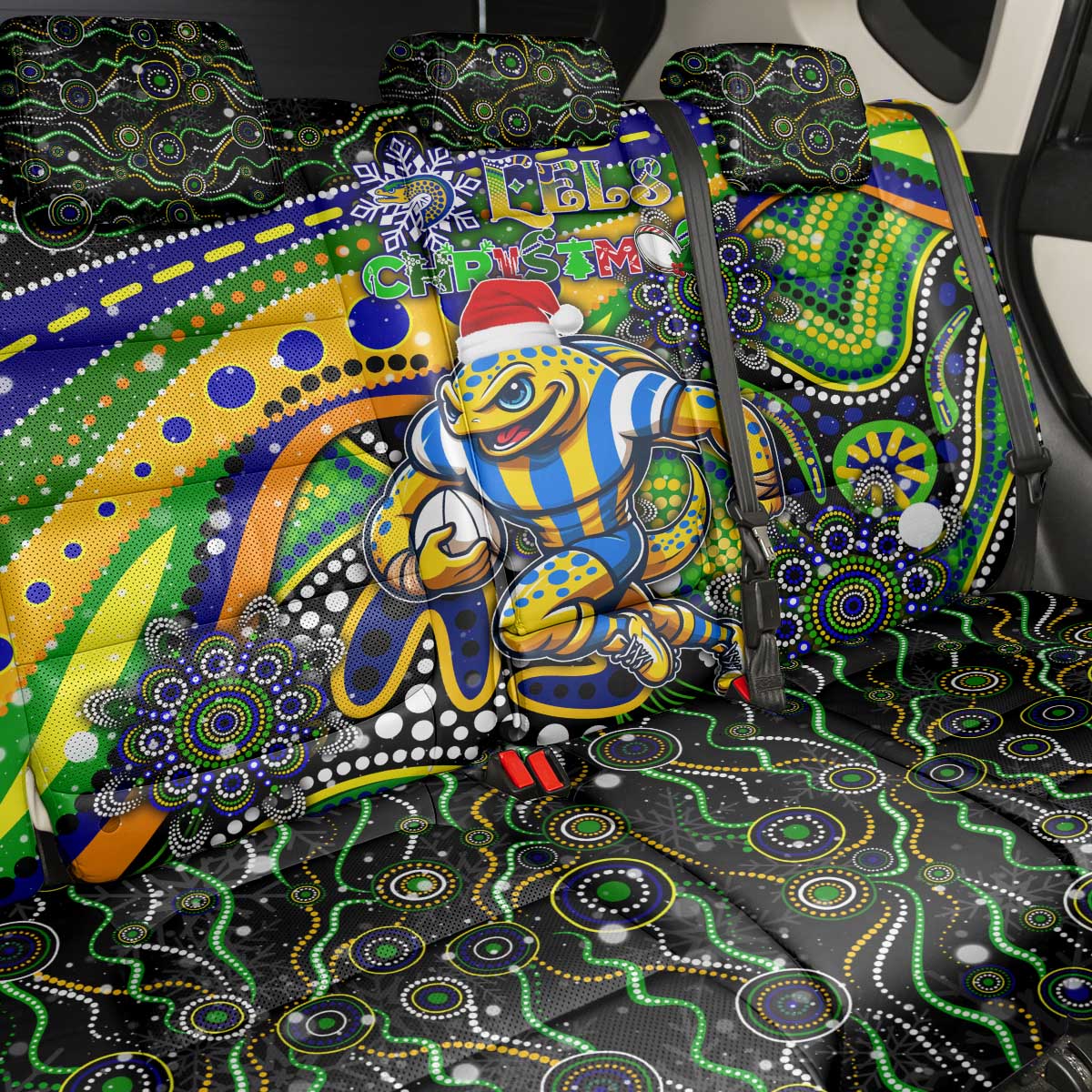 Merry Christmas Eels Back Car Seat Cover Aboriginal Santa Rugby Mascot - Parramatta