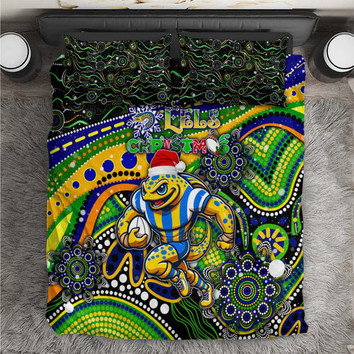 Merry Christmas Eels Bedding Set Aboriginal Santa Rugby Mascot - Parramatta