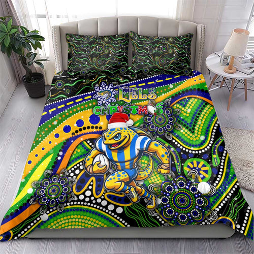 Merry Christmas Eels Bedding Set Aboriginal Santa Rugby Mascot - Parramatta