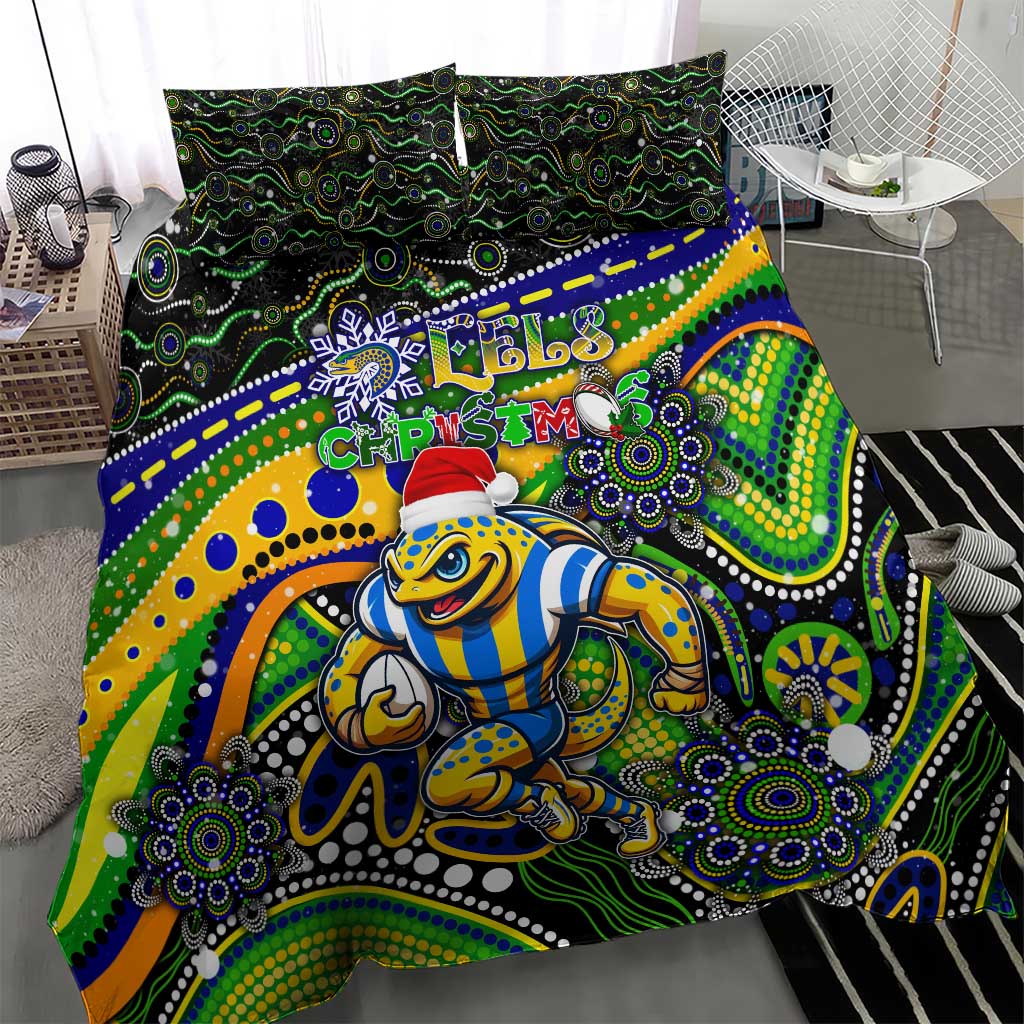 Merry Christmas Eels Bedding Set Aboriginal Santa Rugby Mascot - Parramatta