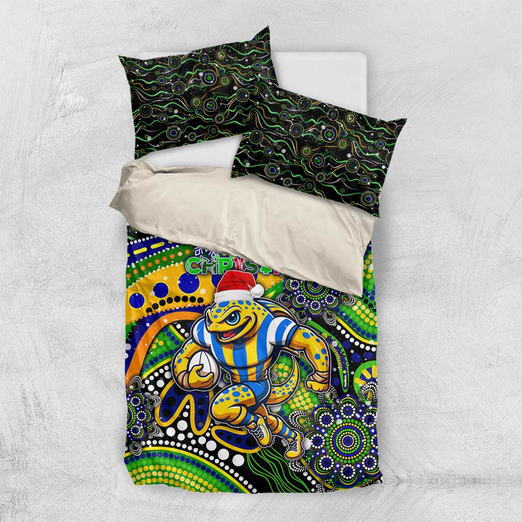 Merry Christmas Eels Bedding Set Aboriginal Santa Rugby Mascot - Parramatta