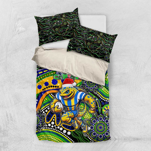Merry Christmas Eels Bedding Set Aboriginal Santa Rugby Mascot - Parramatta