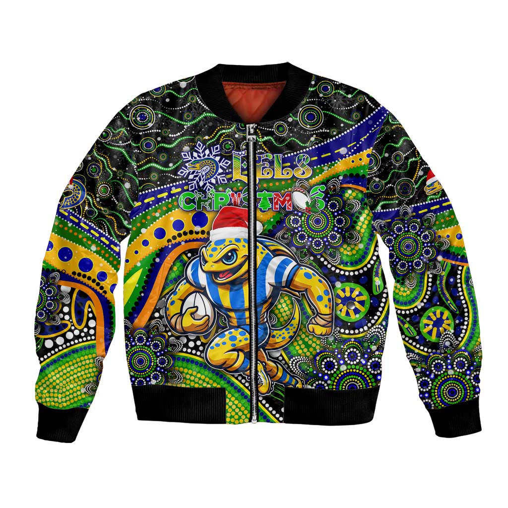 Merry Christmas Eels Bomber Jacket Aboriginal Santa Rugby Mascot - Parramatta