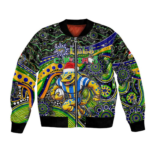 Merry Christmas Eels Bomber Jacket Aboriginal Santa Rugby Mascot - Parramatta