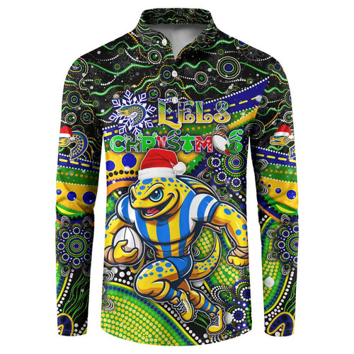 Merry Christmas Eels Button Sweatshirt Aboriginal Santa Rugby Mascot - Parramatta