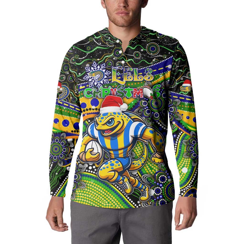 Merry Christmas Eels Button Sweatshirt Aboriginal Santa Rugby Mascot - Parramatta