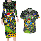 Merry Christmas Eels Couples Matching Long Sleeve Bodycon Dress and Hawaiian Shirt Aboriginal Santa Rugby Mascot - Parramatta