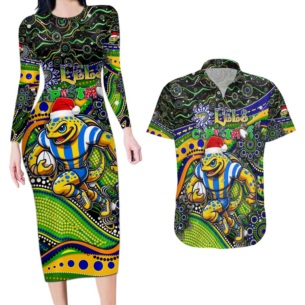 Merry Christmas Eels Couples Matching Long Sleeve Bodycon Dress and Hawaiian Shirt Aboriginal Santa Rugby Mascot - Parramatta