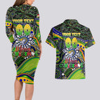Merry Christmas Eels Couples Matching Long Sleeve Bodycon Dress and Hawaiian Shirt Aboriginal Santa Rugby Mascot - Parramatta