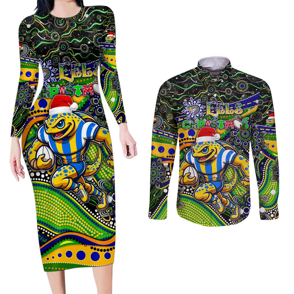 Merry Christmas Eels Couples Matching Long Sleeve Bodycon Dress and Long Sleeve Button Shirt Aboriginal Santa Rugby Mascot - Parramatta