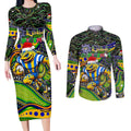 Merry Christmas Eels Couples Matching Long Sleeve Bodycon Dress and Long Sleeve Button Shirt Aboriginal Santa Rugby Mascot - Parramatta