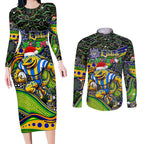 Merry Christmas Eels Couples Matching Long Sleeve Bodycon Dress and Long Sleeve Button Shirt Aboriginal Santa Rugby Mascot - Parramatta