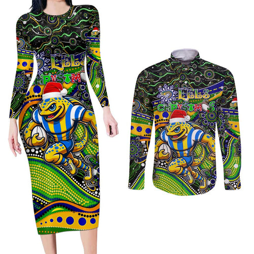 Merry Christmas Eels Couples Matching Long Sleeve Bodycon Dress and Long Sleeve Button Shirt Aboriginal Santa Rugby Mascot - Parramatta