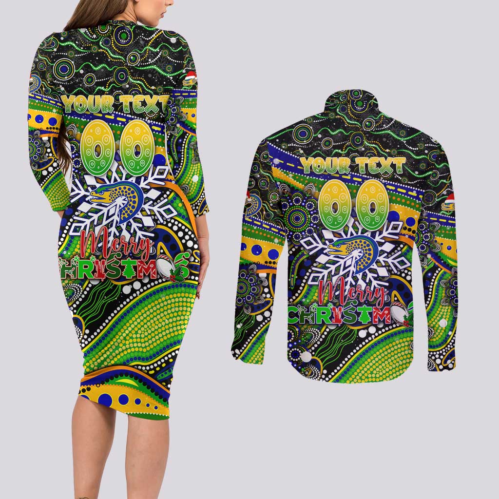Merry Christmas Eels Couples Matching Long Sleeve Bodycon Dress and Long Sleeve Button Shirt Aboriginal Santa Rugby Mascot - Parramatta