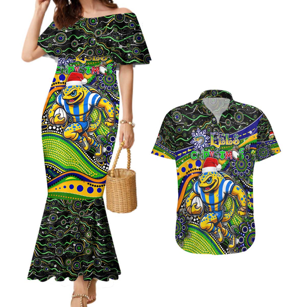 Merry Christmas Eels Couples Matching Mermaid Dress and Hawaiian Shirt Aboriginal Santa Rugby Mascot - Parramatta