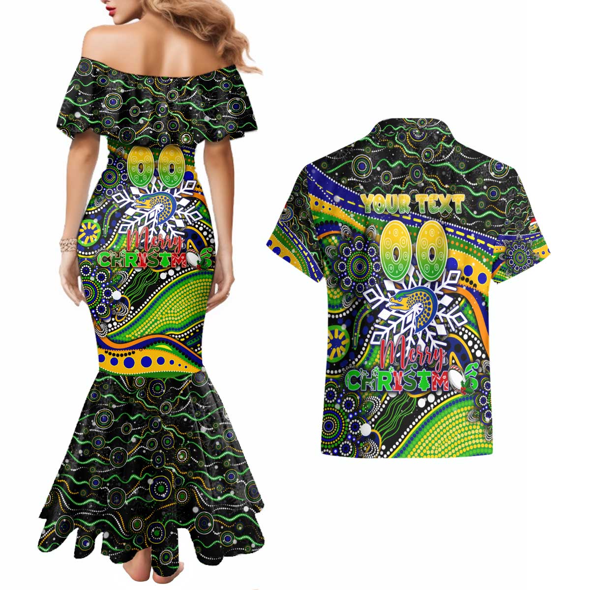 Merry Christmas Eels Couples Matching Mermaid Dress and Hawaiian Shirt Aboriginal Santa Rugby Mascot - Parramatta