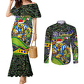 Merry Christmas Eels Couples Matching Mermaid Dress and Long Sleeve Button Shirt Aboriginal Santa Rugby Mascot - Parramatta
