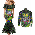 Merry Christmas Eels Couples Matching Mermaid Dress and Long Sleeve Button Shirt Aboriginal Santa Rugby Mascot - Parramatta