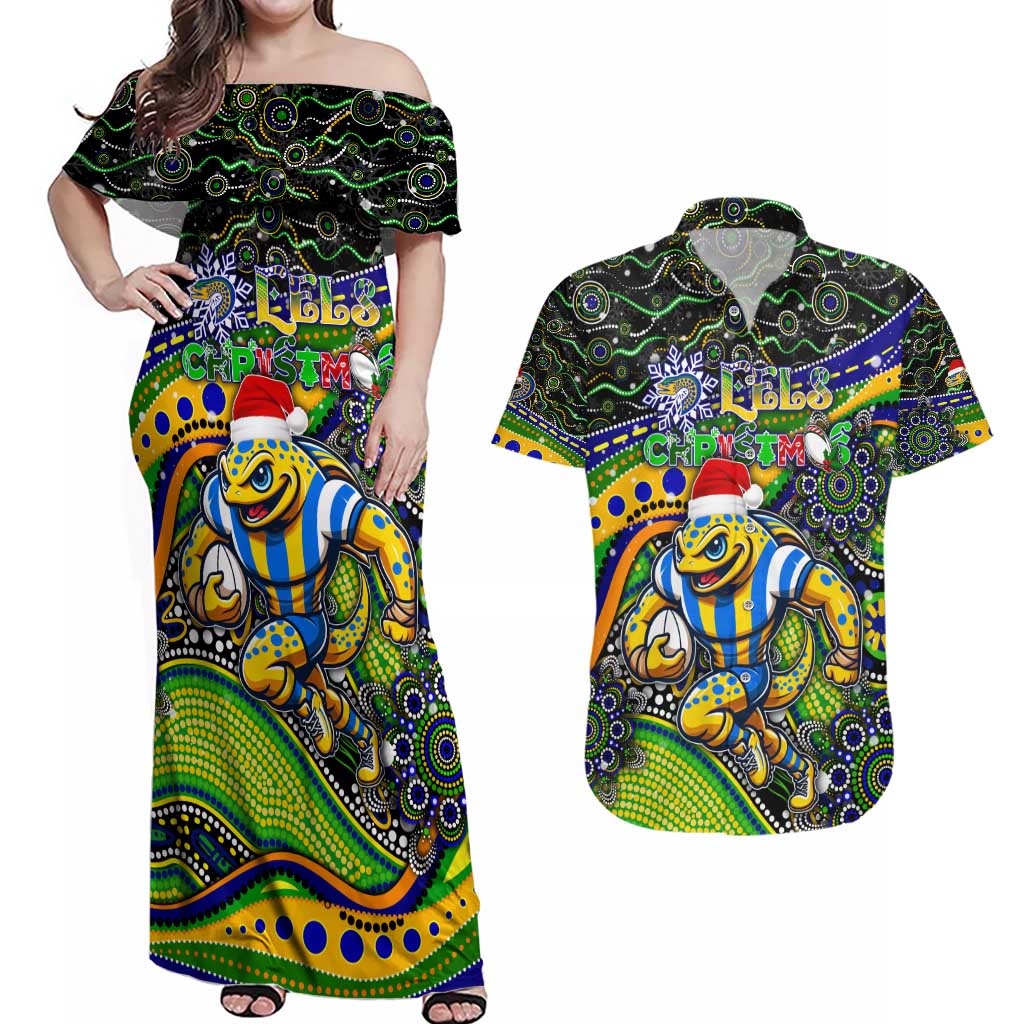 Merry Christmas Eels Couples Matching Off Shoulder Maxi Dress and Hawaiian Shirt Aboriginal Santa Rugby Mascot - Parramatta