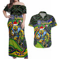 Merry Christmas Eels Couples Matching Off Shoulder Maxi Dress and Hawaiian Shirt Aboriginal Santa Rugby Mascot - Parramatta