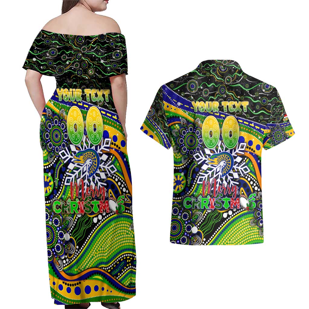 Merry Christmas Eels Couples Matching Off Shoulder Maxi Dress and Hawaiian Shirt Aboriginal Santa Rugby Mascot - Parramatta