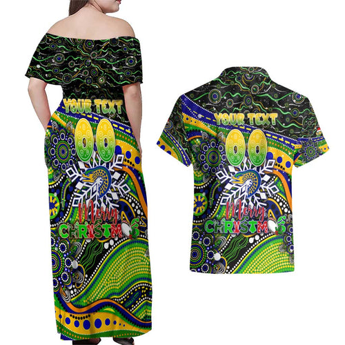 Merry Christmas Eels Couples Matching Off Shoulder Maxi Dress and Hawaiian Shirt Aboriginal Santa Rugby Mascot - Parramatta