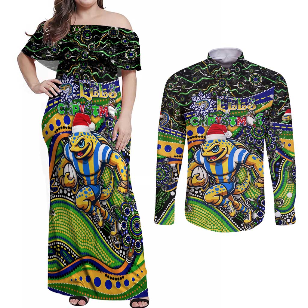 Merry Christmas Eels Couples Matching Off Shoulder Maxi Dress and Long Sleeve Button Shirt Aboriginal Santa Rugby Mascot - Parramatta