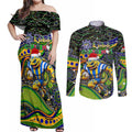 Merry Christmas Eels Couples Matching Off Shoulder Maxi Dress and Long Sleeve Button Shirt Aboriginal Santa Rugby Mascot - Parramatta