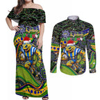 Merry Christmas Eels Couples Matching Off Shoulder Maxi Dress and Long Sleeve Button Shirt Aboriginal Santa Rugby Mascot - Parramatta