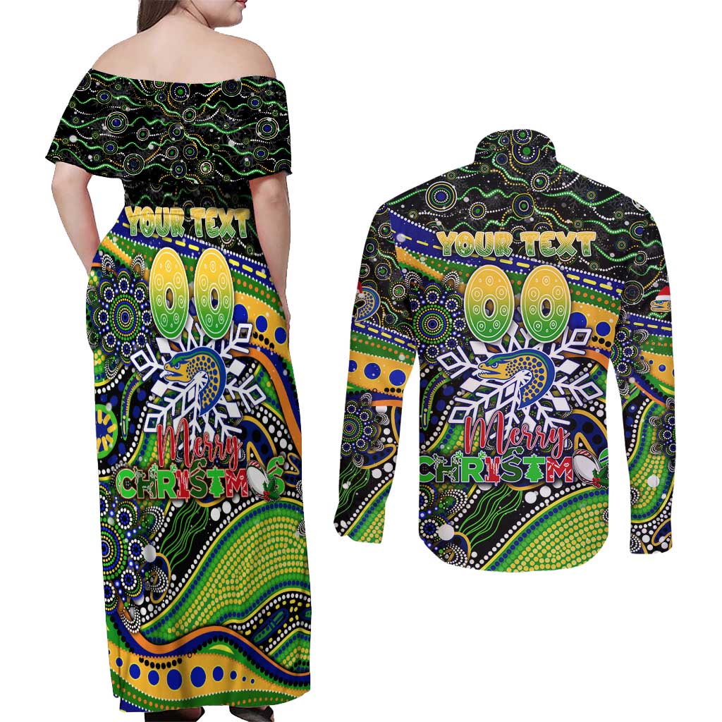 Merry Christmas Eels Couples Matching Off Shoulder Maxi Dress and Long Sleeve Button Shirt Aboriginal Santa Rugby Mascot - Parramatta