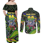Merry Christmas Eels Couples Matching Off Shoulder Maxi Dress and Long Sleeve Button Shirt Aboriginal Santa Rugby Mascot - Parramatta
