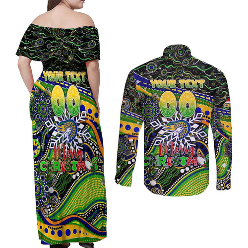 Merry Christmas Eels Couples Matching Off Shoulder Maxi Dress and Long Sleeve Button Shirt Aboriginal Santa Rugby Mascot - Parramatta