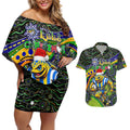 Merry Christmas Eels Couples Matching Off Shoulder Short Dress and Hawaiian Shirt Aboriginal Santa Rugby Mascot - Parramatta