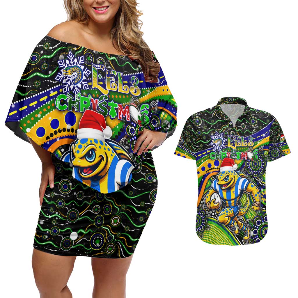 Merry Christmas Eels Couples Matching Off Shoulder Short Dress and Hawaiian Shirt Aboriginal Santa Rugby Mascot - Parramatta