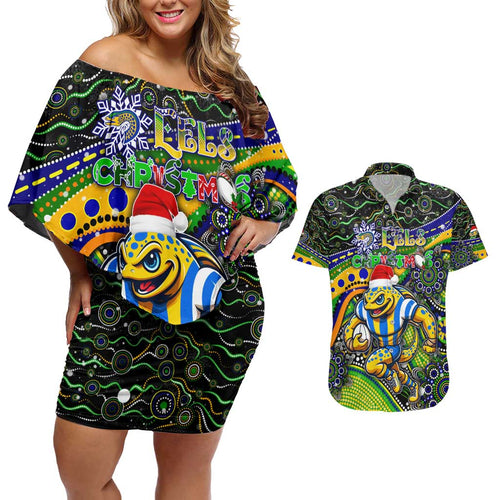 Merry Christmas Eels Couples Matching Off Shoulder Short Dress and Hawaiian Shirt Aboriginal Santa Rugby Mascot - Parramatta