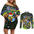 Merry Christmas Eels Couples Matching Off Shoulder Short Dress and Long Sleeve Button Shirt Aboriginal Santa Rugby Mascot - Parramatta