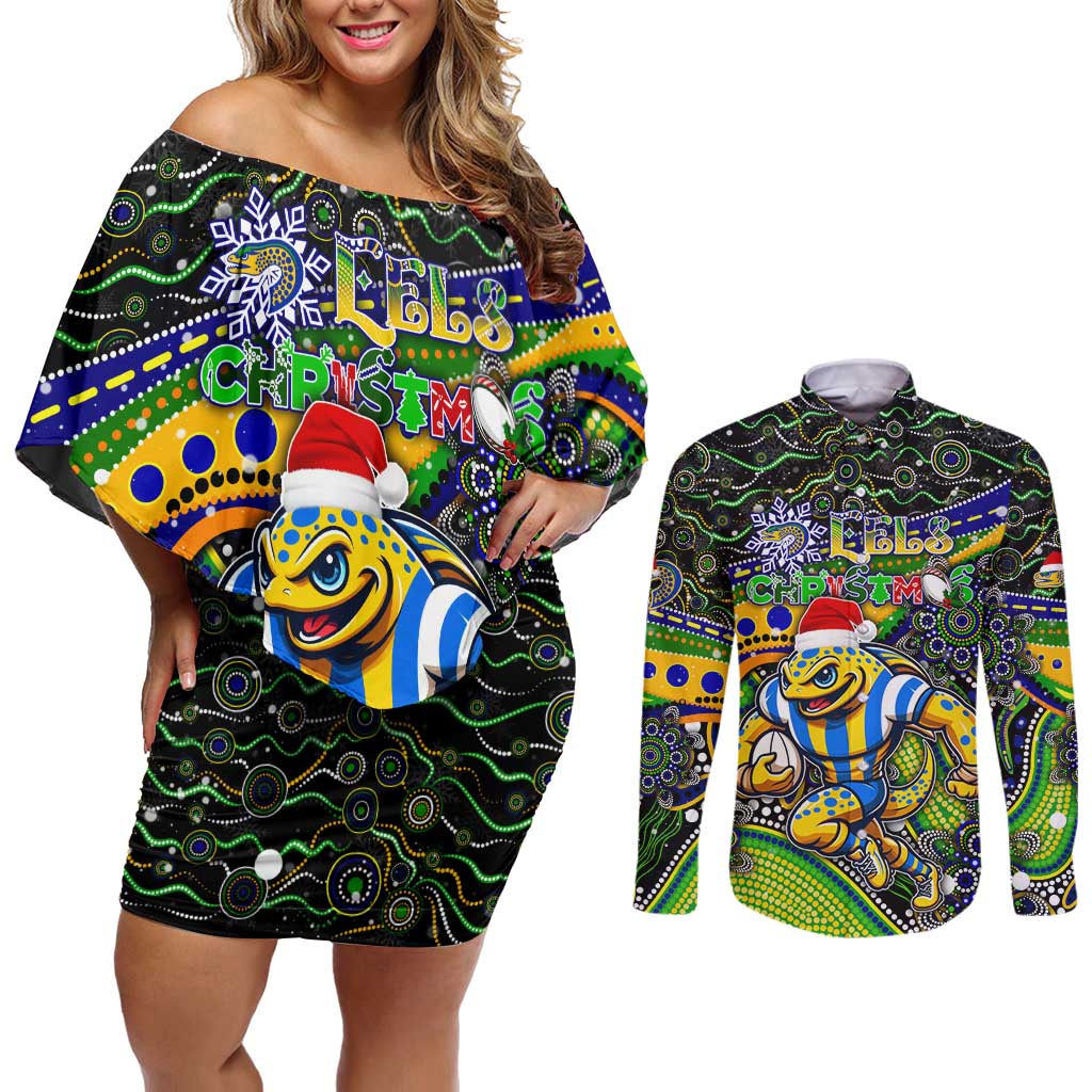 Merry Christmas Eels Couples Matching Off Shoulder Short Dress and Long Sleeve Button Shirt Aboriginal Santa Rugby Mascot - Parramatta