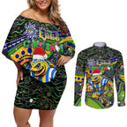 Merry Christmas Eels Couples Matching Off Shoulder Short Dress and Long Sleeve Button Shirt Aboriginal Santa Rugby Mascot - Parramatta