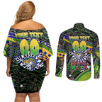 Merry Christmas Eels Couples Matching Off Shoulder Short Dress and Long Sleeve Button Shirt Aboriginal Santa Rugby Mascot - Parramatta
