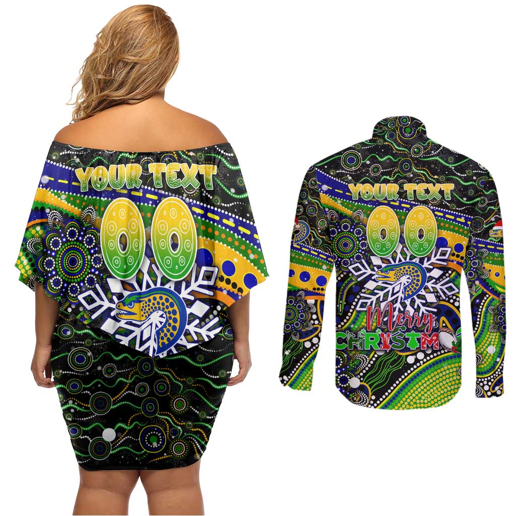 Merry Christmas Eels Couples Matching Off Shoulder Short Dress and Long Sleeve Button Shirt Aboriginal Santa Rugby Mascot - Parramatta