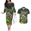 Merry Christmas Eels Couples Matching Off The Shoulder Long Sleeve Dress and Hawaiian Shirt Aboriginal Santa Rugby Mascot - Parramatta