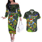 Merry Christmas Eels Couples Matching Off The Shoulder Long Sleeve Dress and Hawaiian Shirt Aboriginal Santa Rugby Mascot - Parramatta