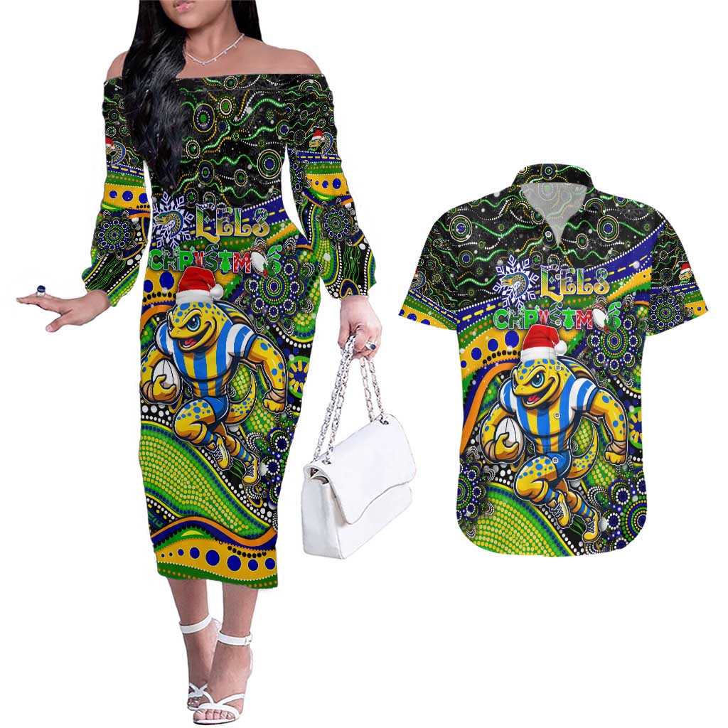 Merry Christmas Eels Couples Matching Off The Shoulder Long Sleeve Dress and Hawaiian Shirt Aboriginal Santa Rugby Mascot - Parramatta