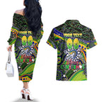 Merry Christmas Eels Couples Matching Off The Shoulder Long Sleeve Dress and Hawaiian Shirt Aboriginal Santa Rugby Mascot - Parramatta